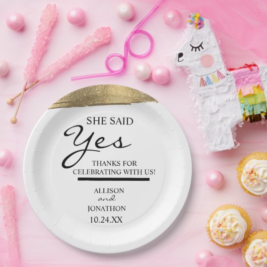Naam toevoegen Ze zei ja Gold Glitter Verloving Papieren Bordje (Feest)