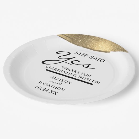 Naam toevoegen Ze zei ja Gold Glitter Verloving Papieren Bordje (Gekanteld)