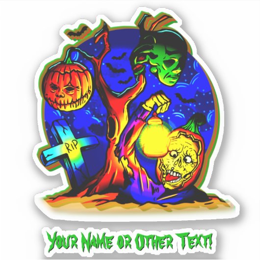 Naam toevoegen: Zombie Monster Pumpkin Witch Cross Sticker (Voorkant)