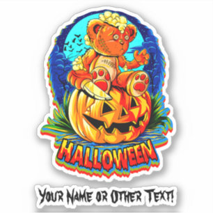 Naam toevoegen Zombie Teddy Bear Pumpkin Knife Hal Sticker