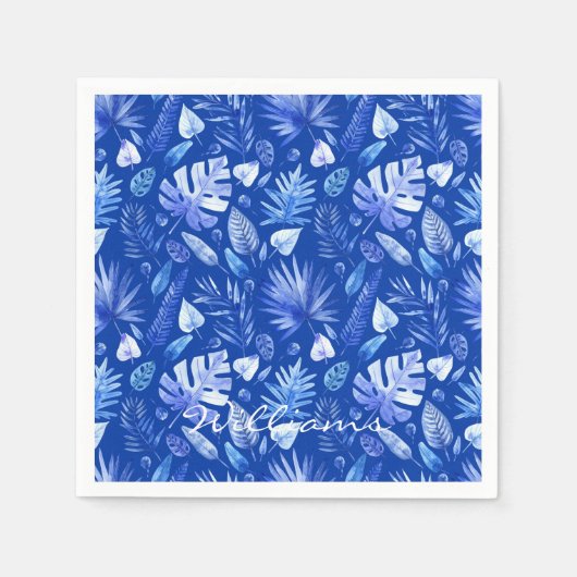 Naam Tropical Leaves Cobalt Blue Standard Cocktail Servet (Voorkant)