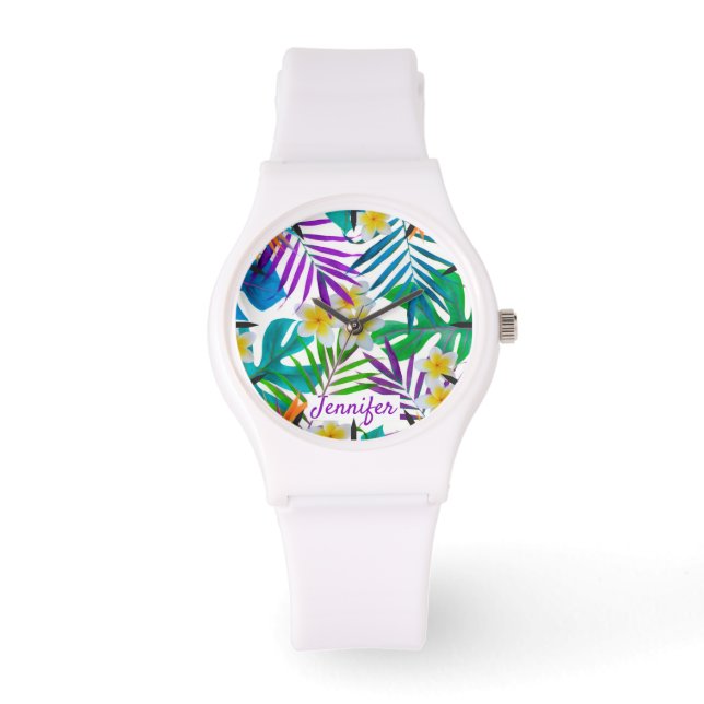Naam tropisch paradise tuin monogram horloge (Voorkant)