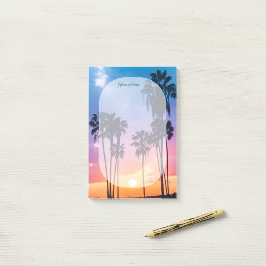 Naam Tropische Vibrant Rainbow Sunset Palm Tree Post-it® Notes (Op bureau)