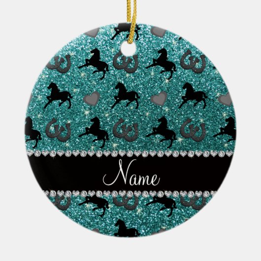 Naam turkooise glitter paarden harten hoefijzer keramisch ornament (Voorkant)