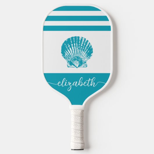  naam turquoise blue kuststrand seashell pickleball paddle (Voorkant)