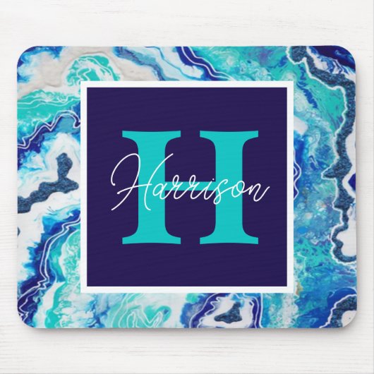 Naam Turquoise en Blue Marble Monogram Muismat (Voorkant)