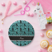 Naam turquoise glitter field hockey hearts bows papieren bordje (Feest)