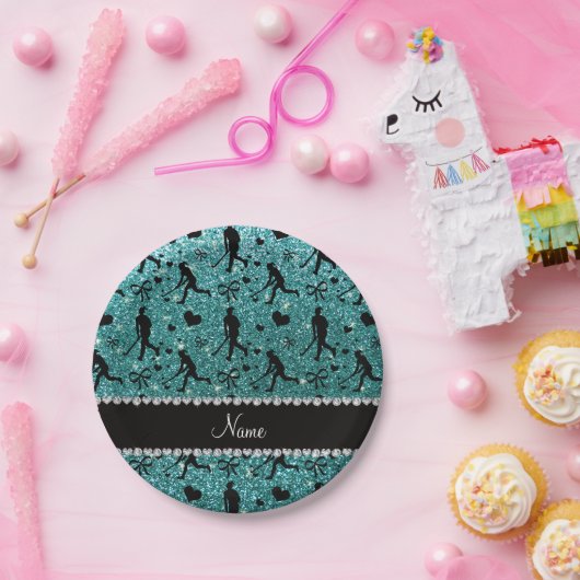 Naam turquoise glitter field hockey hearts bows papieren bordje (Feest)