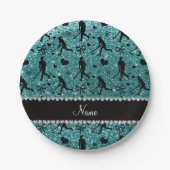 Naam turquoise glitter field hockey hearts bows papieren bordje (Voorkant)