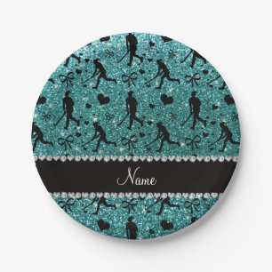 Naam turquoise glitter field hockey hearts bows papieren bordje