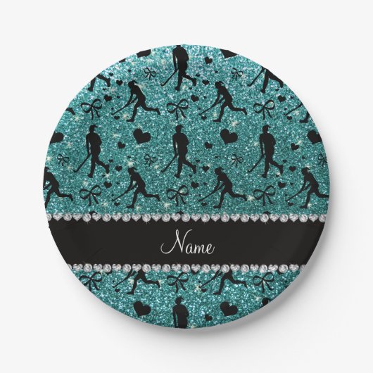 Naam turquoise glitter field hockey hearts bows papieren bordje (Voorkant)