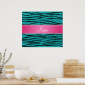 Naam turquoise glitter zebra stripes roze stripe poster (Keuken)