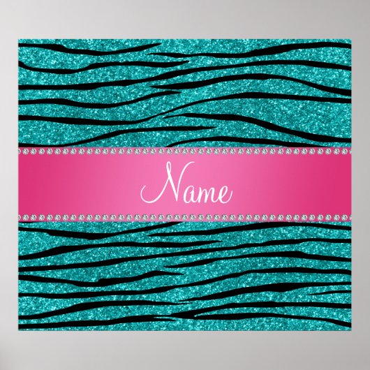 Naam turquoise glitter zebra stripes roze stripe poster (Voorkant)