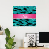 Naam turquoise glitter zebra stripes roze stripe poster (Thuiskantoor)