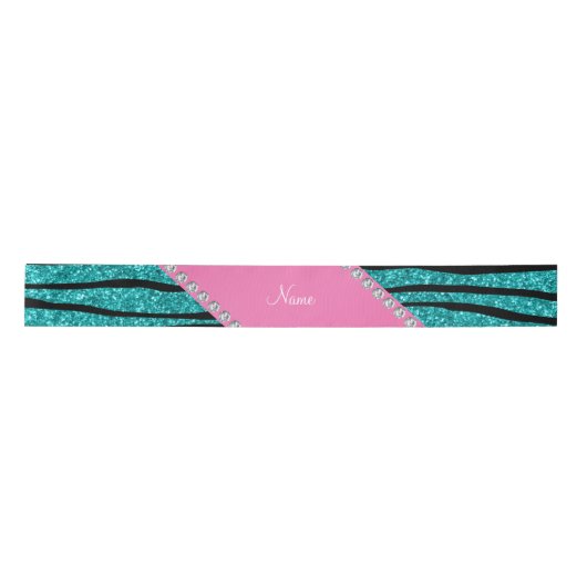 Naam turquoise glitter zebra stripes roze stripe satijnen lint (Voorkant)