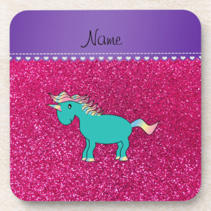Naam turquoise unicorn neon hot roze glitter drankjes onderzetter