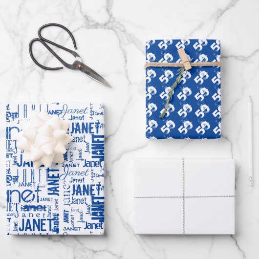 Naam Typografie Wit Blauw Woord Cloud 50th Inpakpapier Vel (Voorkant)
