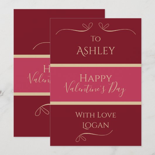 Naam Valentijnsdag Minimale Bourgogne Hot Pink Gol Feestdagenkaart (Voorkant / Achterkant)