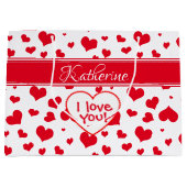 'Naam' Valentijnsdag Rood Random Hearts Patroon Groot Cadeauzakje (Voorkant)