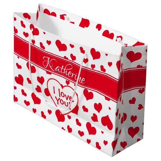 'Naam' Valentijnsdag Rood Random Hearts Patroon Groot Cadeauzakje (Voorkant Gekanteld)