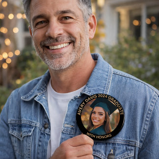 Naam van afgestudeerde foto jaar met onderscheidin ronde button 5,7 cm