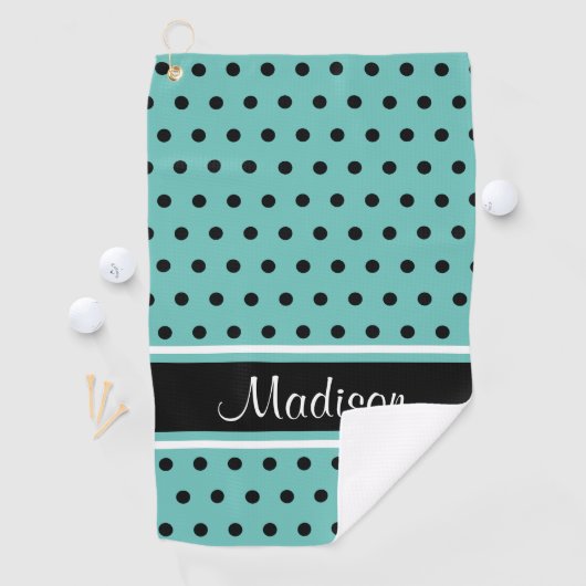 Naam van Blauwgroen zwart-wit dot Stripe Script Golfhanddoek (Insitu)