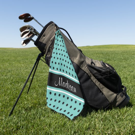 Naam van Blauwgroen zwart-wit dot Stripe Script Golfhanddoek (Groen)