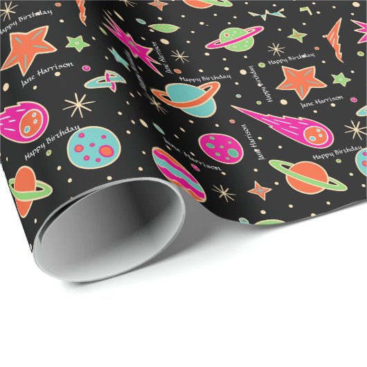 Naam van Cute Space Rocket Pattern Birthday Cadeaupapier (Rol Hoek)