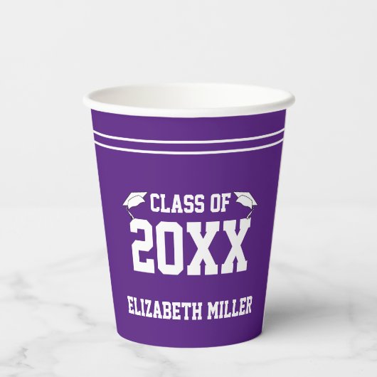 Naam van de afgestudeerde Royal Paarse en witte Af Papieren Bekers (Achterkant)