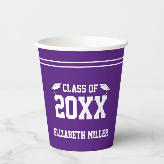 Naam van de afgestudeerde Royal Paarse en witte Af Papieren Bekers (Voorkant)