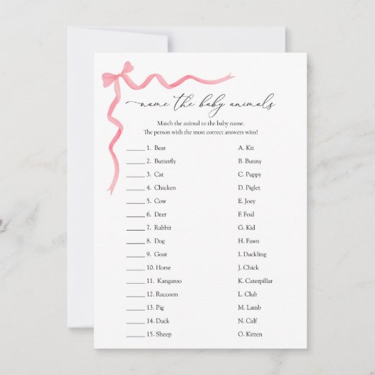 Naam van de Baby Animals Baby shower Game Kaart (Voorkant)