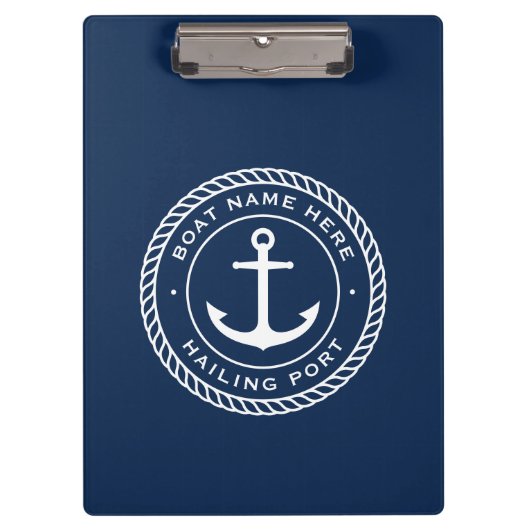 Naam van de boot en kustlijn van het havenanker klembord (Voorkant)