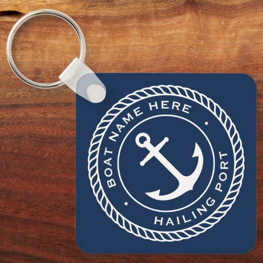 Naam van de boot en kustlijn van het havenanker sleutelhanger (Voorkant)