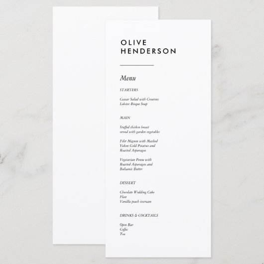 Naam van de gast op het menu Minimalistische bruil (Voorkant / Achterkant)