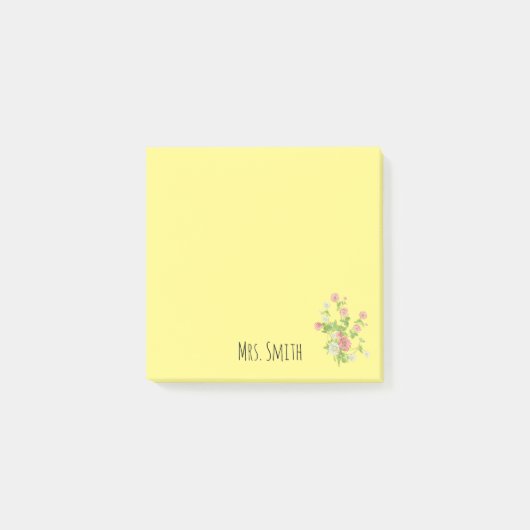 Naam van de leraar geel bloemig monogram post-it® notes (Voorkant)
