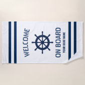 Naam van de plezierboot nautisch welkom aan boord strandlaken (Voorkant)