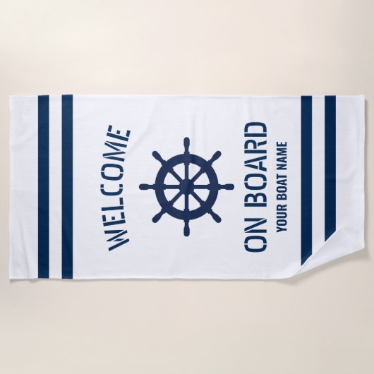 Naam van de plezierboot nautisch welkom aan boord strandlaken (Voorkant)