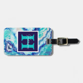 Naam van het blauwe marmer-monogram Turquoise en B Bagagelabel (Voorkant horizontaal)