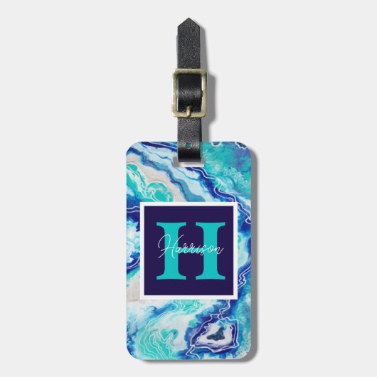 Naam van het blauwe marmer-monogram Turquoise en B Bagagelabel (Voorkant verticaal)