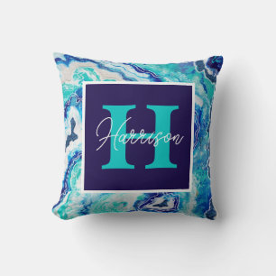 Naam van het blauwe marmer-monogram Turquoise en B Kussen