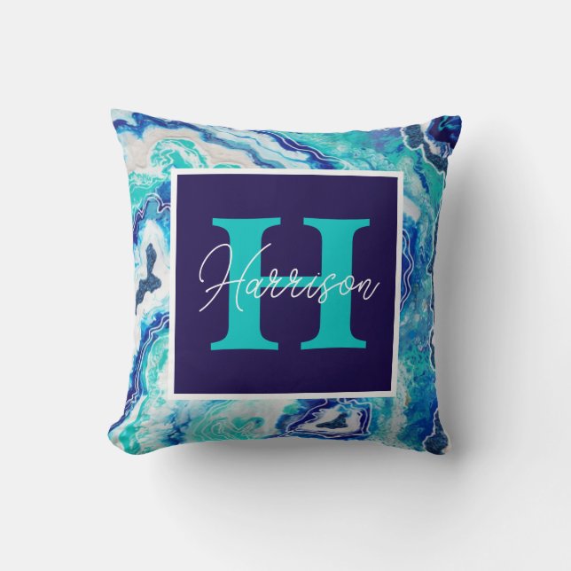 Naam van het blauwe marmer-monogram Turquoise en B Kussen (Voorkant)