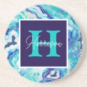 Naam van het blauwe marmer-monogram Turquoise en B Zandsteen Onderzetter (Voorkant)