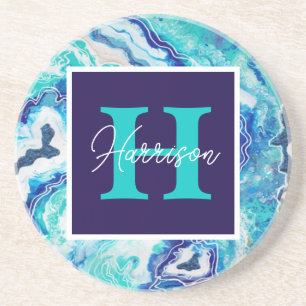 Naam van het blauwe marmer-monogram Turquoise en B Zandsteen Onderzetter