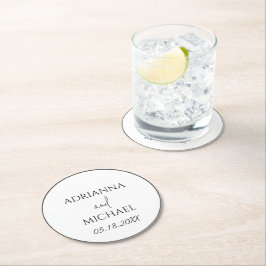 Naam van het bruidspaar en datum wit ronde kartonnen onderzetter