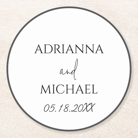 Naam van het bruidspaar en datum wit ronde kartonnen onderzetter (Voorkant)