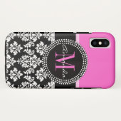 Naam van het Hot Pink Black Damask Monogram Case-Mate iPhone Case (Achterkant (horizontaal))