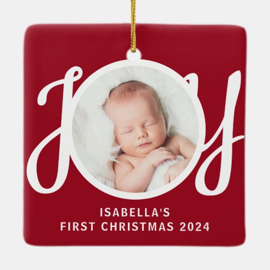 Naam van het huisje Eerste Kerstfoto Red Keepsake Keramisch Ornament (Achterkant)