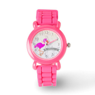Naam van het roze flamingo marmer monogram horloge