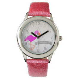 Naam van het roze flamingo marmer monogram horloge