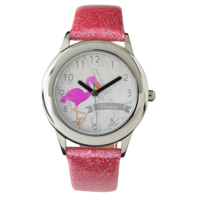Naam van het roze flamingo marmer monogram horloge (Voorkant)